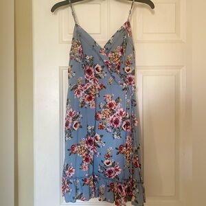 Blue Floral Midi Wrap Dress with Spaghetti Straps